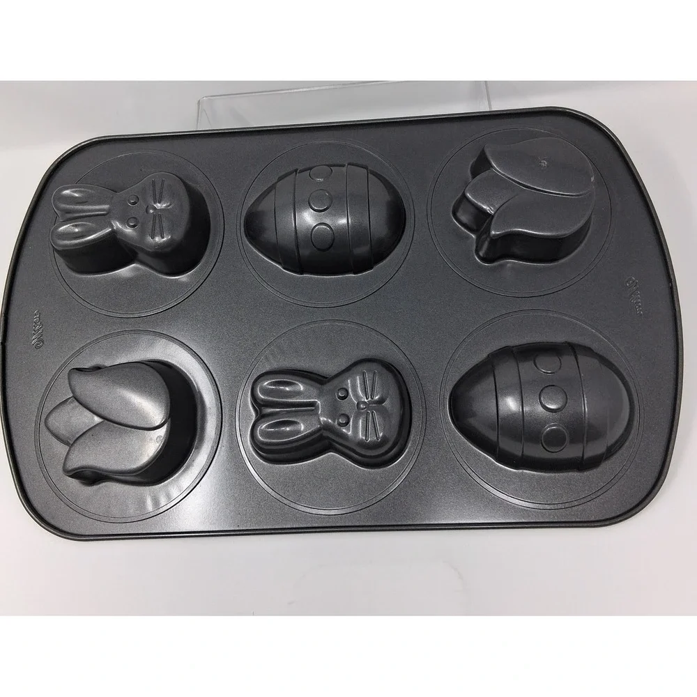 Wilton Easter Non-Stick 6 Cavity Baking Pan Bunny Egg Tulip Shapes Gray Steel